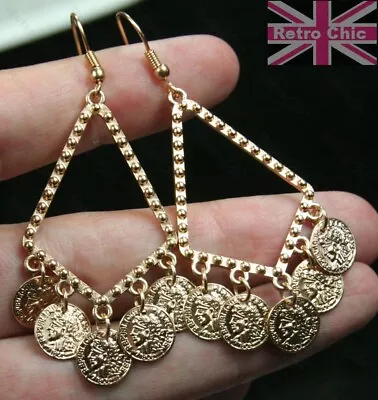 6cm Retro CHANDELIER EARRINGS Triangle Hoop COINS Boho GOLD TONE Gypsy Coin Drop • £2.99