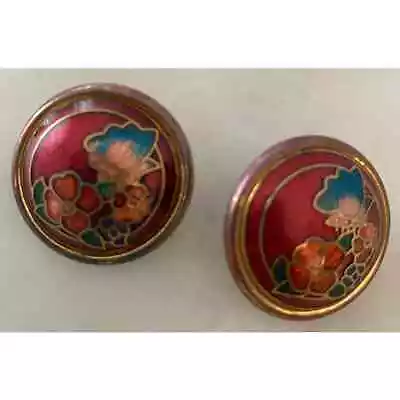 Cloisonne Earrings Vintage Round Brass Copper Pierced Flower Butterfly Leaves 1  • $8.99