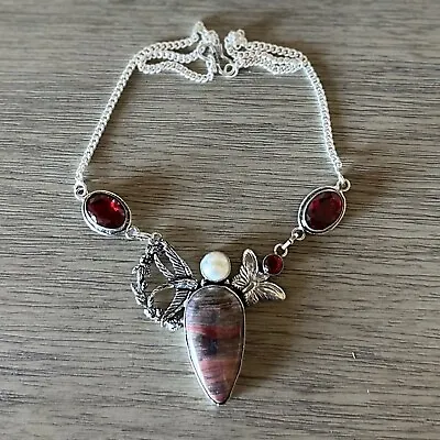 Red Rainbow Jasper Garnet Necklace Vintage Style Silver Statement Jewelry 0979 • $11.99