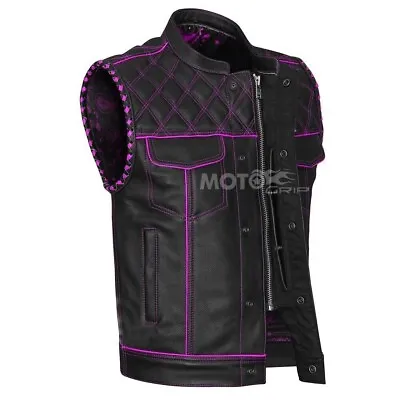 Men's Black Leather Vest Diamond Motorbike Motorcycle Concealed Purple Waistcoat • $93.59