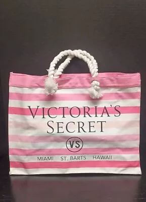 Victoria’s Secret Miami St. Barts Hawaii Pink Striped Canvas Beach Pool Tote Bag • $30