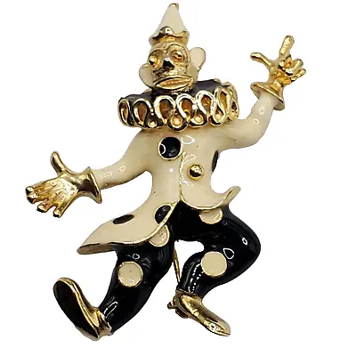 Vintage Golden Tone Black Polka Dot Enamel Dancing Monkey Clown  Brooch Pin • $10.48