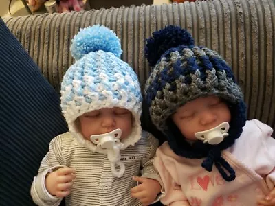 0-3 Months Baby Boys Hand Knitted Crochet Hats  Set Of  2 Blue • £18