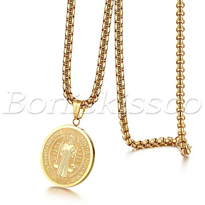 Men's Stainless Steel Saint St. Benedict Oval Medal Pendant Necklace Chain 22” • $8.99