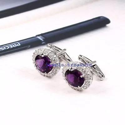 Natural Amethyst & CZ Gemstones 925 Sterling Silver Cufflinks For Men's #J41 • $85