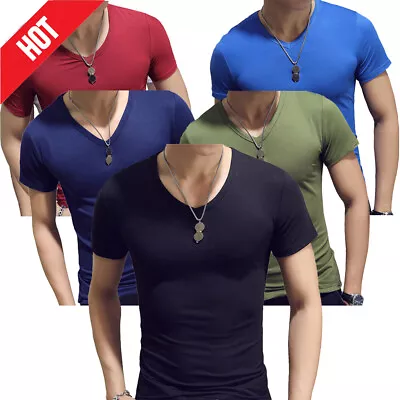 Mens Casual Slim Fit V Neck Long Sleeve T-Shirt Muscle Workout Tee Top Blouse UK • $6.08