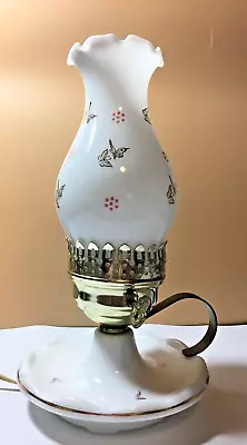 Vtg. BEDSIDE TABLE LAMP~MILK GLASS SHADE~HAND PAINTED~HANDLE ~BUTTERFLIES • $32.50