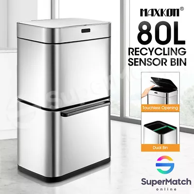 80L Motion Sensor Dual Bin Rubbish Recycle Can Stainless Steel Pull Out Dustbin • $179.55