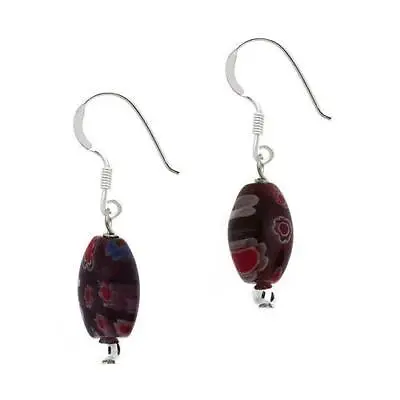 925 Silver Purple Millefiori Murano Glass Oval Bead Dangle Earrings • £9.49