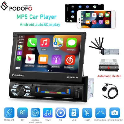 7  Single 1 Din Car Stereo Radio Android/Apple Carplay Bluetooth Flip Out Player • £65.99