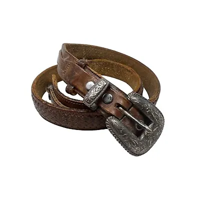 Dos Amigos Floral Tooled Western Concho Belt Leather Silver Tone Brown Mens 34 • $28.49