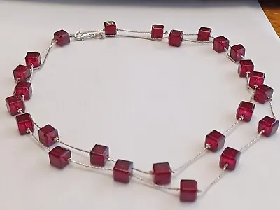 Long Cube Cut Square Glass Beaded Necklace Deep Cape Cod Ruby Red Silver Tone • $14.99