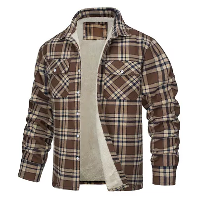 Mens Fleece Jacket Sherpa Lined Zip Up Buffalo Plaid Flannel Coat Casual Warm • $44.93