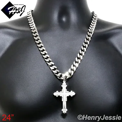 24 MEN Stainless Steel 11mm Silver Cuban Curb Chain Necklace Cross Pendant*K20 • $39.99