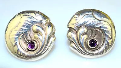Vintage Georg Jensen Sterling Silver Amethyst Fish Pierced Earrings #63 • $395