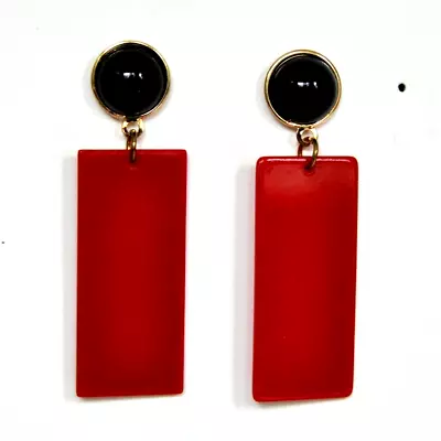 Vtg. Exotic Long Black Lucite And Brass 3-3/4  Dangle Earrings • $15