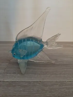 Vintage Striped Blue Hand Blown Murano Style Art Glass Tropical Fish Sculpture • $22