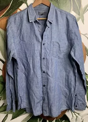 Vince Mens Large Blue Chambray Button Front Long Sleeve Shirt FLAW • $0.99