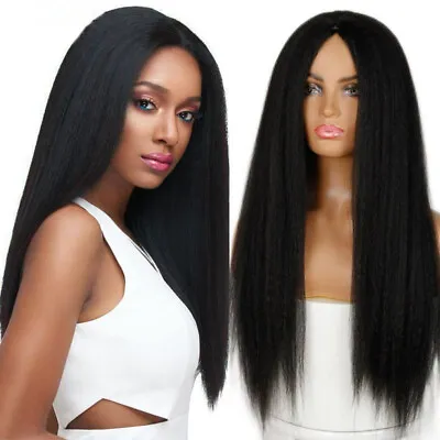 Women Yaki Straight Wig Long Black Wigs Synthetic Hair For Daily Wear None Lace • $19.07