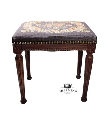 Antique 19th C French Hand Crafted Floral Needlepoint Oak Wood Foot Stool • $149.99
