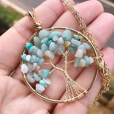 Amazonite Gem Tree Of Life Water-Drop Necklace Chakra Reiki Healing Amulet • $0.06