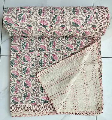 Indian Handmade King Size Cotton Kantha Quilt Hand Block Blanket Bedspread Throw • £71.99