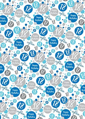 2 Sheets 18th Birthday Wrapping Paper 18 Giftwrap Male Blue White (PA-W43) • £2.49