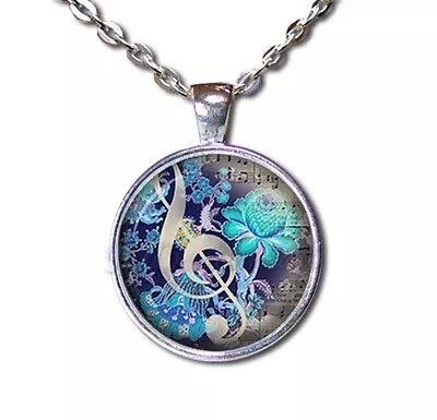 Music Note Musician Clef Blue Floral - Handmade Round Glass Pendant Necklace • $13.80