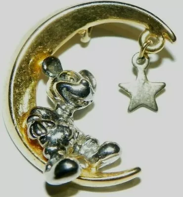 WALT DISNEY Mickey Mouse On Crescent Moon & Star Silver Gold Tone Charm Pendant • $10.50