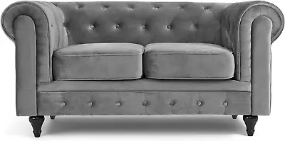 Velvet Chesterfield Sofa- Grey. 2 Seater Settee Soft Plush Fabric Couch. Living • £447.60