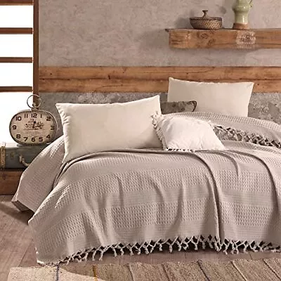 Beige Throw Blanket Cotton Waffle Bedspreads King Size 220x240cm • £43.21