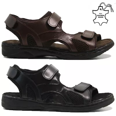 Mens Leather Sandals Walking Hiking Trek Summer Holiday Beach Mules Shoes Size • £14.95