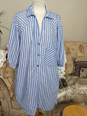 $23.19 • Buy Zara Home White Blue Striped Cotton V-neck Night Dress Size L
