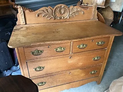 Antique 1800's Farmhouse Oak Buffet Sidebar Dresser Lion Face Brass Carved Trim • $700