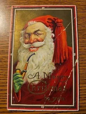 Santa Claus Postcard Long Beard Pipe In Hand Christmas Xmas Stecher 1915 • $3.99