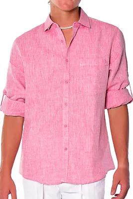 Bohio Mens 100% Linen Yarn-Dye Red Roll-up Sleeve Shirt Casual  (S ~ 2X) MLS1358 • $37.99