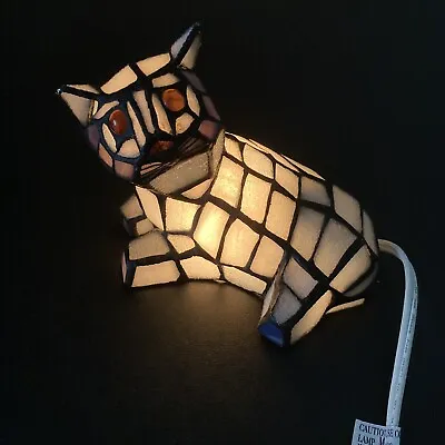 $85 • Buy Vintage Tiffany Style Stained Glass Resting Cat Kitty Table Lamp Night Light