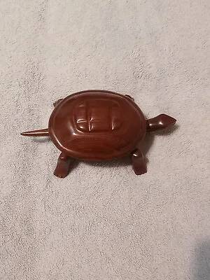 Hand Carved Wooden Turtle Jewelry Trinket Box Mahogany 8  • $19