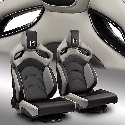 Reclinable PVC Racing Seats Universal Car Seat Black-Grey Full Set W/Sliders • $398.98