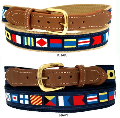 Nautical Code Flag Belt On Navy Or Khaki WebbingTan Leather Tips Made In US • $28.99
