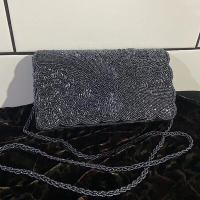 $59 • Buy NEW Vintage Beaded Clutch Cross-Body Satin Lined Handbag Gunmetal Grey Stunning