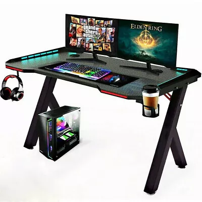 Heavy Duty Ergonomic Gaming Desk Carbon Fiber Computer Table W RGB Light 2 Sizes • $119.90