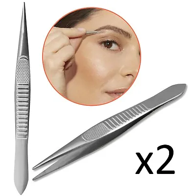 2 X Professional POINTED TWEEZERS Precision Pluckers Steel Eyebrow Hair Remover • £2.98