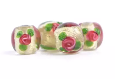 New 4 Pc Set Fine Murano Lampwork Glass Beads- 10mm Gold Foil Flowers- A7175c • $0.99