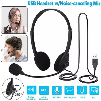USB Computer Headset Wired Over Ear Headphones Mic For PC Phone Call Centre • £8.89
