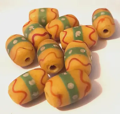 Antique African Venetian Fancy Trade Glass Trailed Beads Yellow X10 16mm • £20