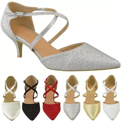 Womens Ladies Low Kitten Heel Party Prom Strappy Court Shoes Bridal Sandals Size • £14.99