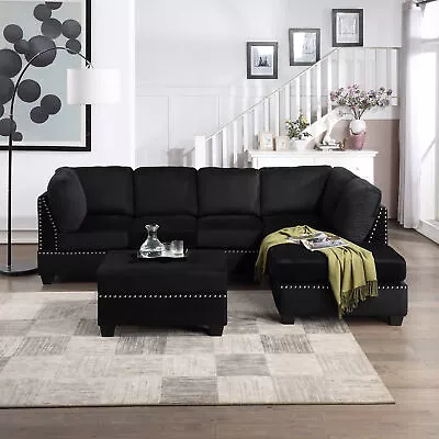 L-shape Livingroom Reversible Rivet Ornament Sectional Sofa W/Storage Ottoman • $1134.19