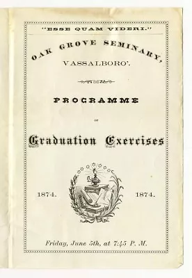 VASSALBORO ME 1874 Oak Grove Seminary Graduation QUAKER Girls Boarding School • $6.95