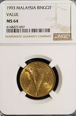 NGC MS64 1993 MALAYSIA Ringgit Proof Like Coin RARE(+FREE1 Coin) #25275 • $41